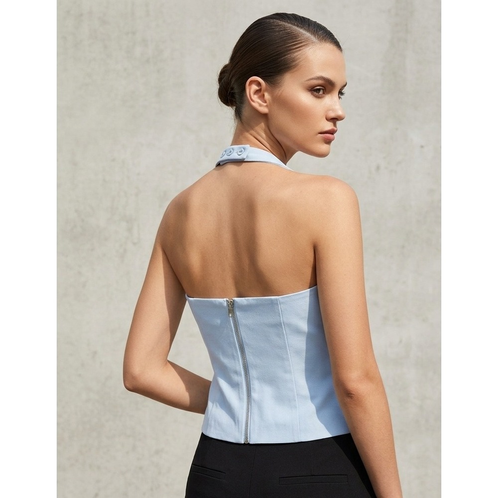 Cotton On Blue Halter Corset Style Zip Back Minimalist Top Size 8